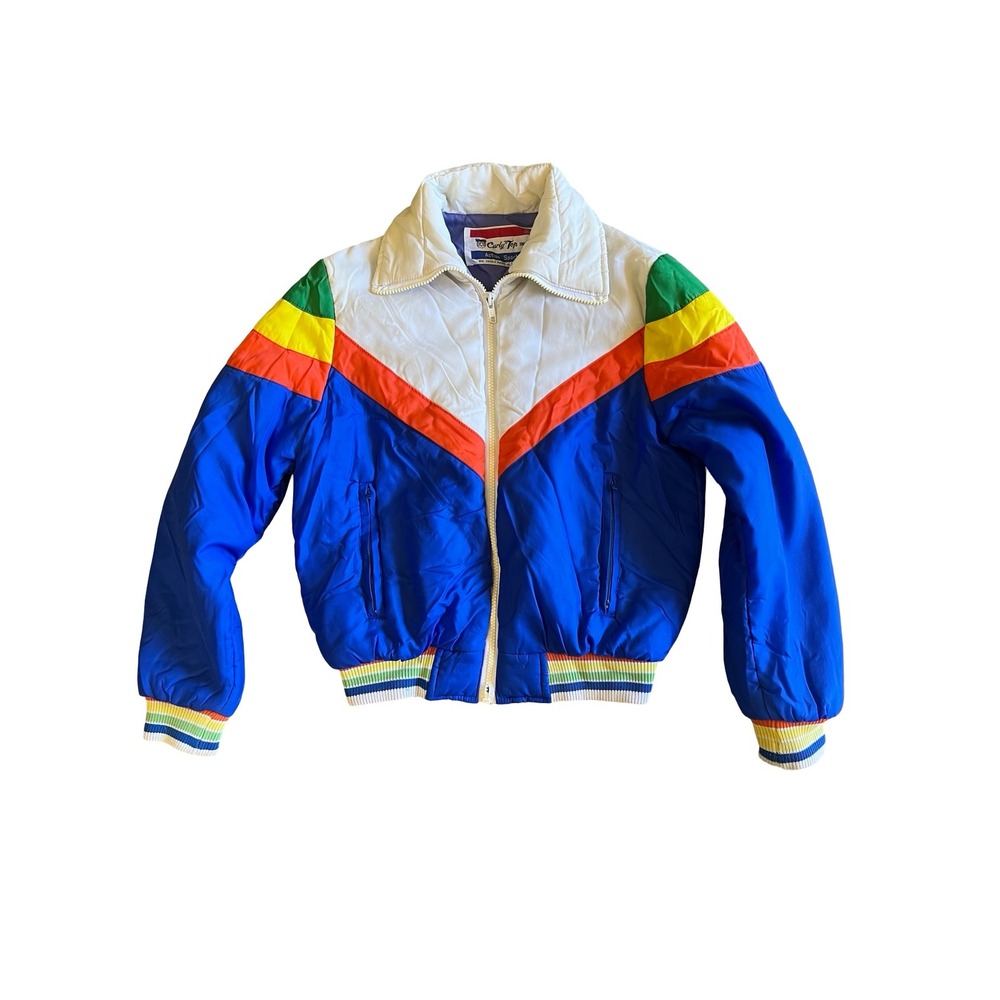 VTG 70s Curly Top Rainbow Color Block Puffer Jacket Sz S Retro Apres Ski Stripes